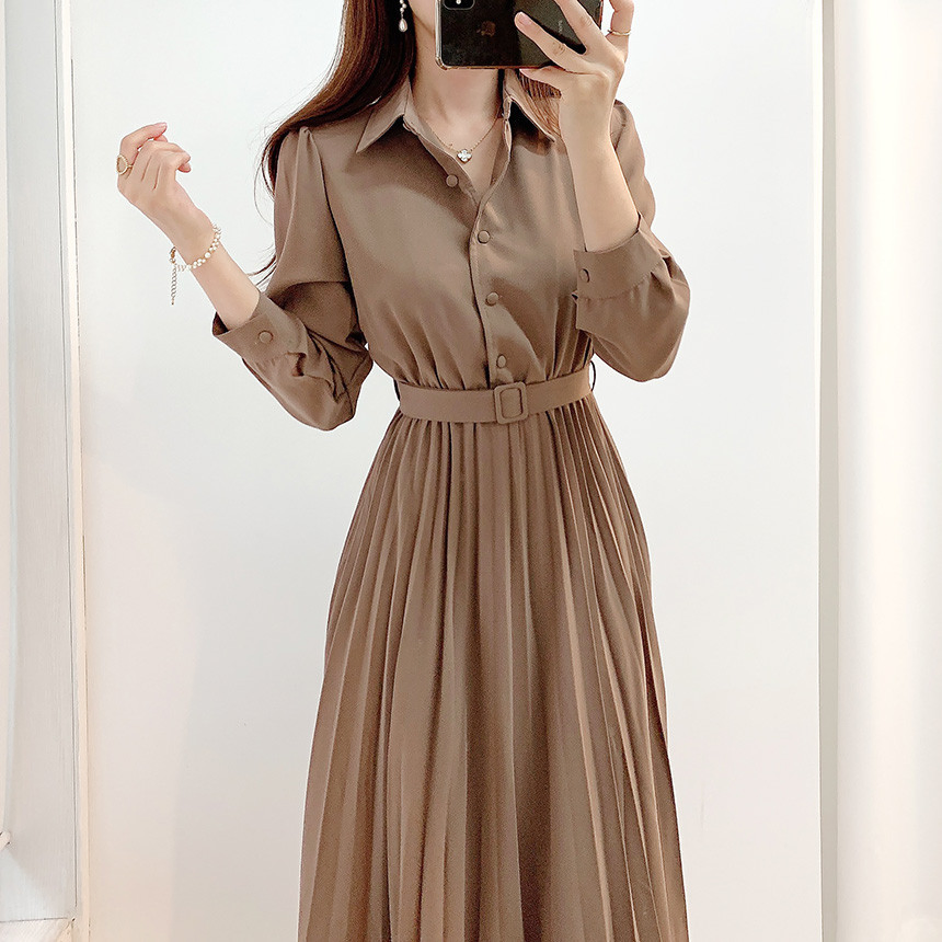Nuevos vestidos largos plisados para mujeres, vestido de camisa con solapa, de manga larga, elegante francés, color sólido, vestido casual para oficina
