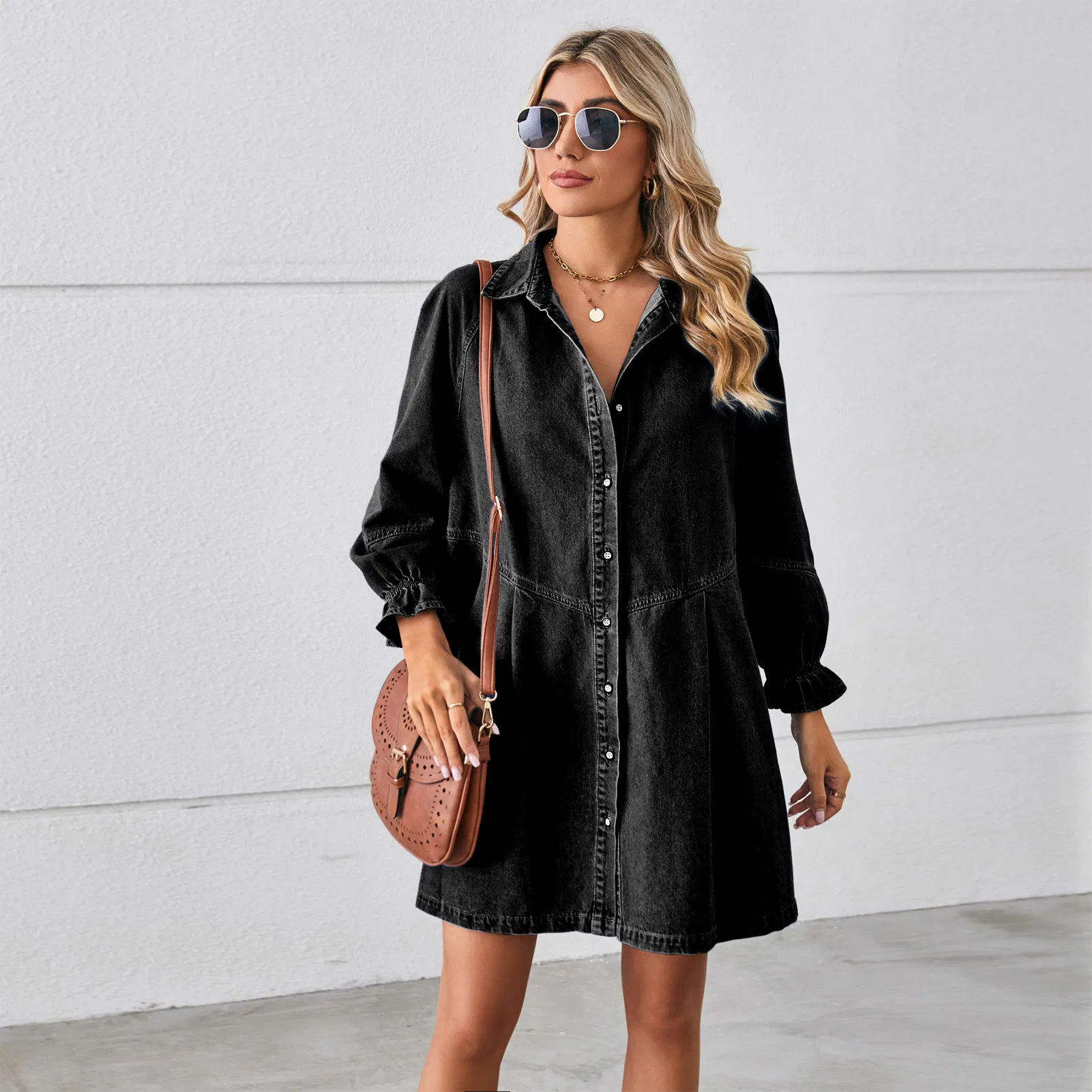 Vestido de mezclilla con mangas, nuevo estilo casual para mujeres, suelto, lavado, largo - vestido maxi de verano