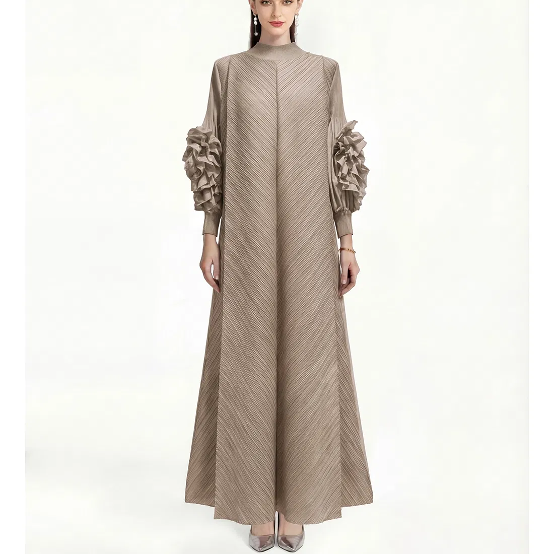 Vestido Vintage Plisado de Color Sólido para Mujeres Estilo Niche Ligero y Maduro Vestido Largo Suelto