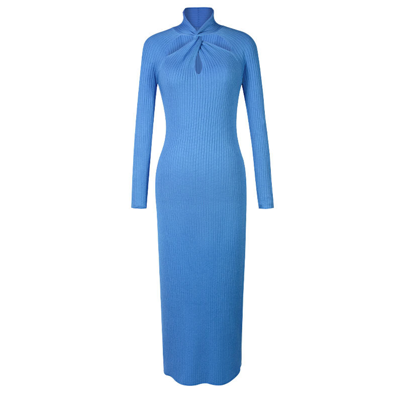 Vestido largo de punto azul claro de manga larga y cuello alto para mujeres elegantes, vestido ceñido de canalé para fiestas de cóctel