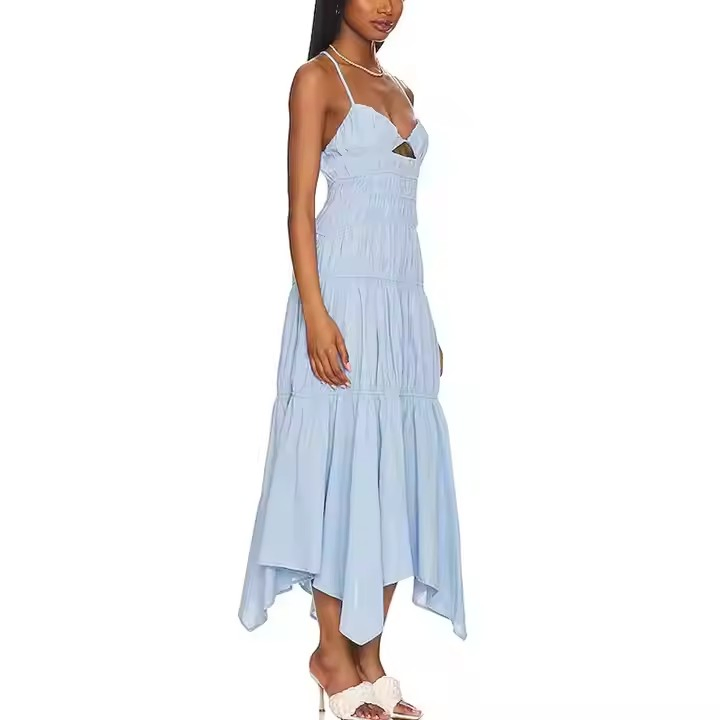 Fabricantes de ropa a medida vestido sin mangas de algodón con volantes en capas estilo bohemio, hueco, de noche, con cordones en la espalda, sin espalda, para mujeres, vestido en línea A
