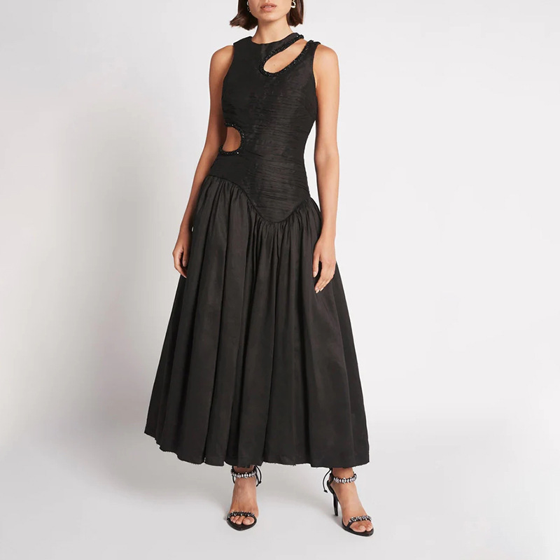 Vestido Largo Adelgazante de Cintura Primavera Nuevo Diseño Sin Mangas Sensación Hueca Vestidos Plisados para Mujeres