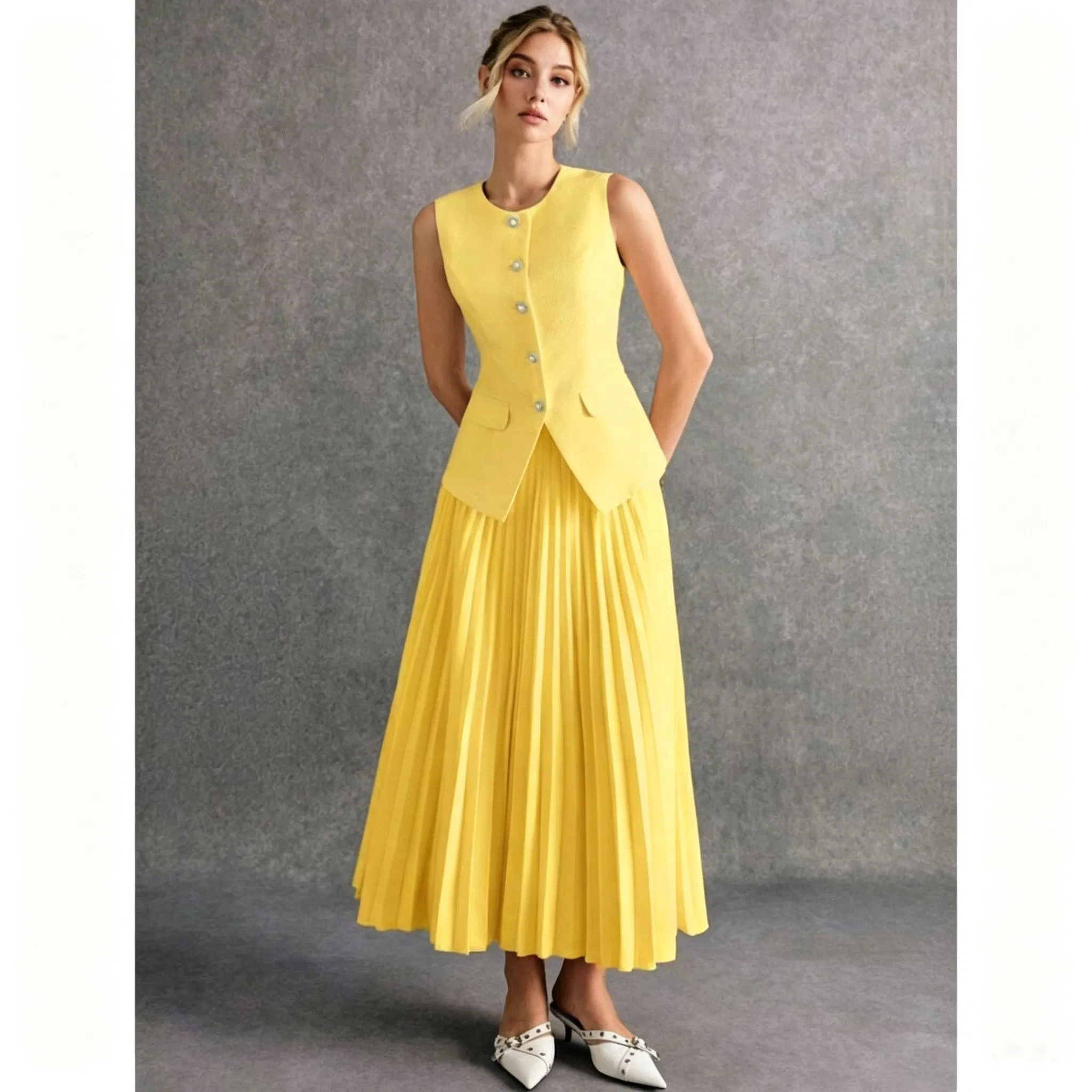 Fabricante Mayorista Personalizado Todo Sobre Verano Elegante Amarillo Chaleco Sin Mangas y Conjunto de Falda MIDI Plisada Sin Mangas Cuello Cuadrado Vestidos para Damas Mujeres