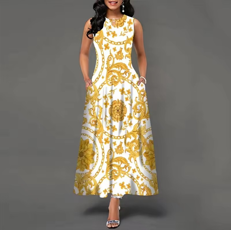 Vestido largo sin mangas de alta calidad con estampado de posicionamiento para mujeres, vestido maxi bohemio vintage