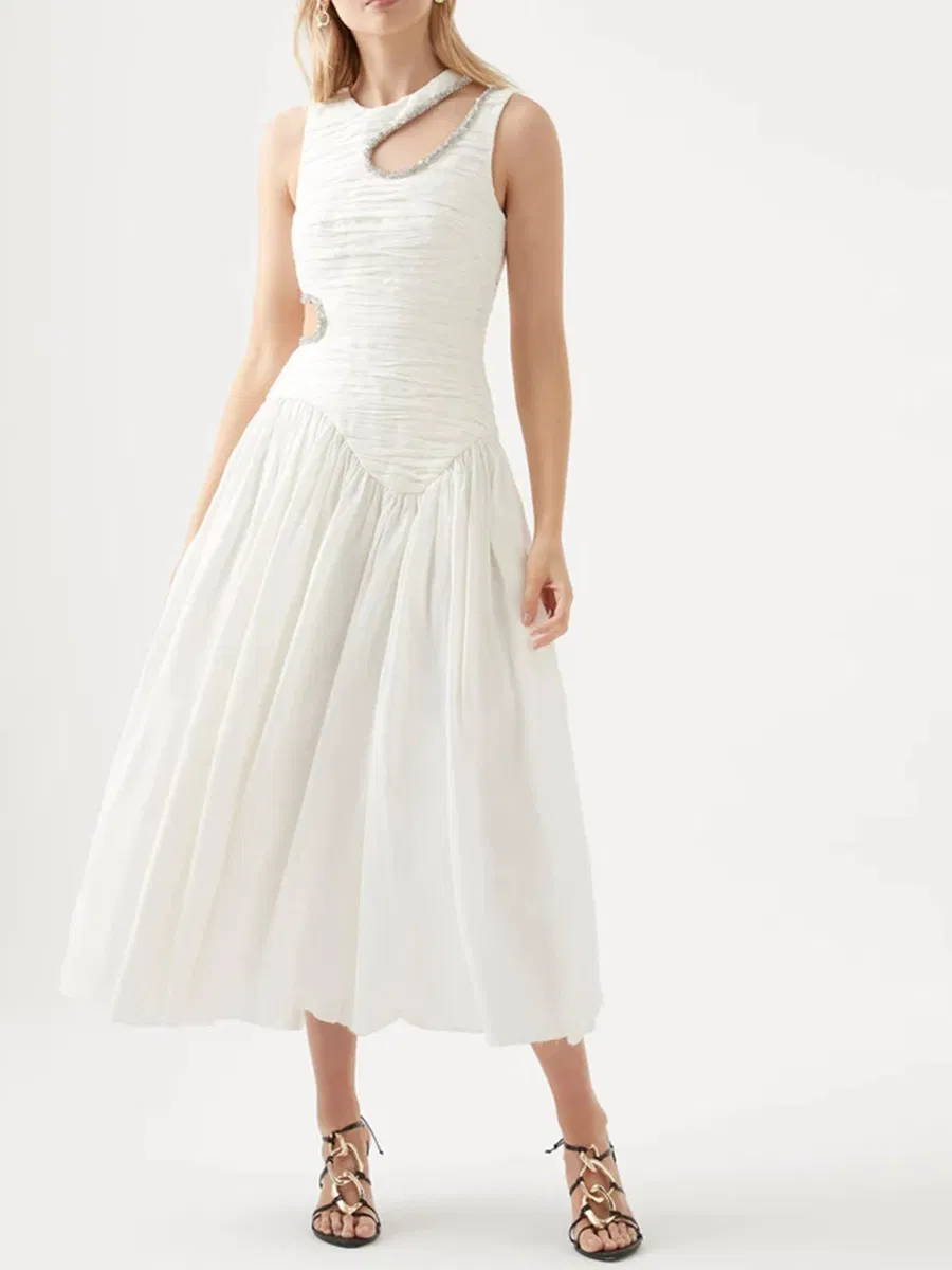 Vestido Largo Adelgazante de Cintura Primavera Nuevo Diseño Sin Mangas Sensación Hueca Vestidos Plisados para Mujeres