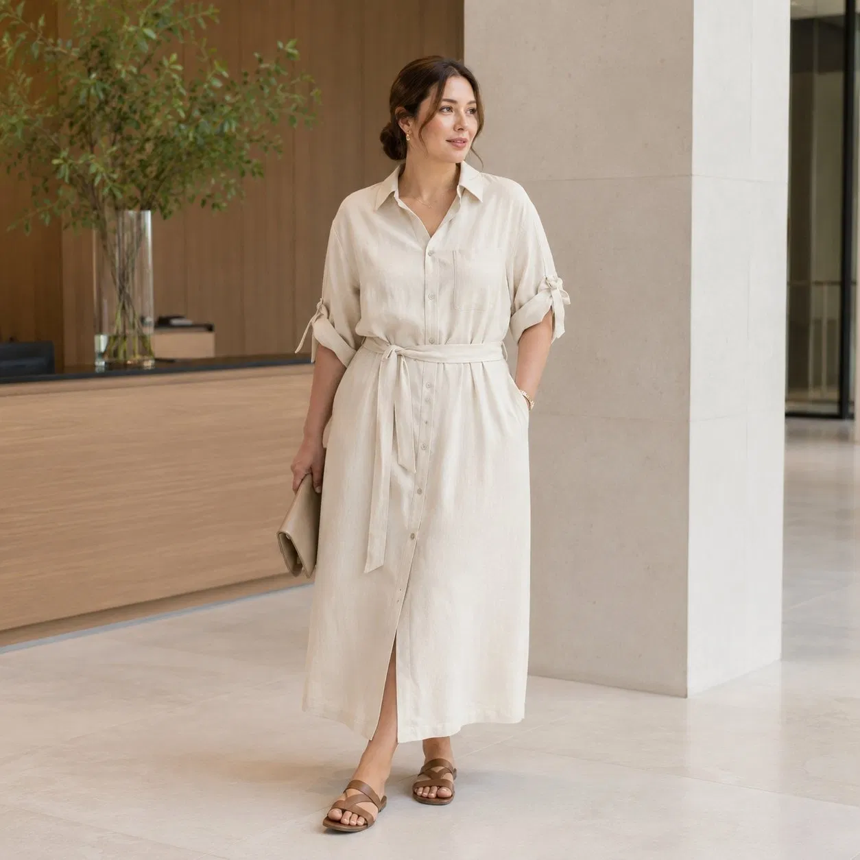 Vestido MIDI de mezcla de lino beige para mujer, con mangas enrollables y lazo, cinturón en la cintura, abertura frontal, vestido casual de oficina, talla personalizada en stock, venta al por mayor