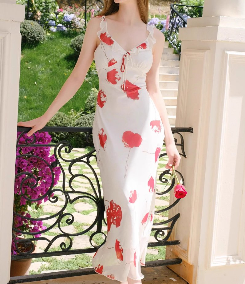 Vestido Maxi Casual de Cuello en V Estampado de Vacaciones Francesas para Mujer