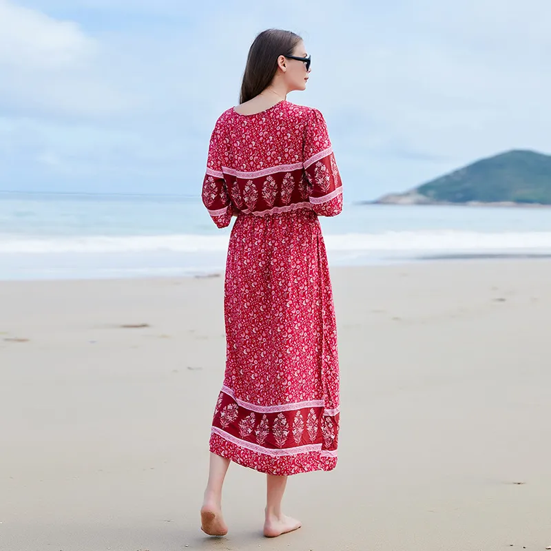 Vestido de vacaciones de playa con escote en V bohemio para mujeres de talla grande