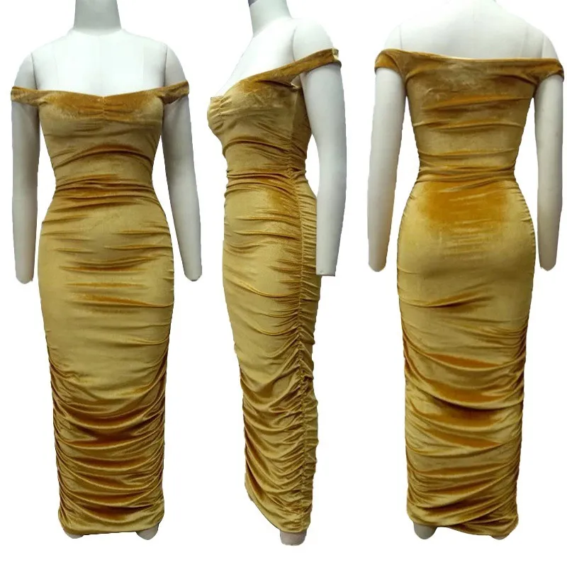 Vestido de noche elegante y sexy de tubo largo de terciopelo con fruncidos para mujeres