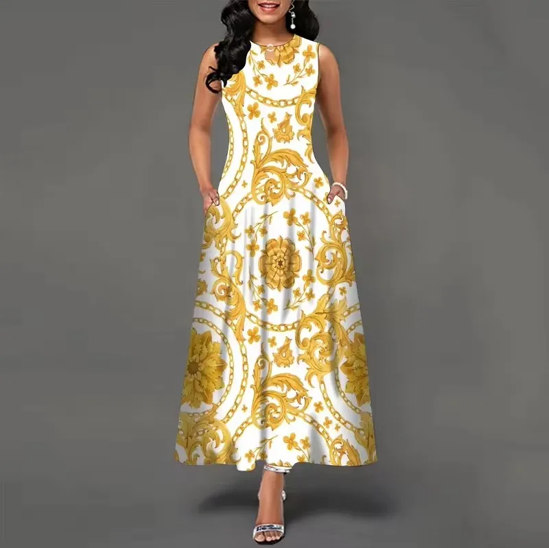 Vestido largo sin mangas de alta calidad con estampado de posicionamiento para mujeres, vestido maxi bohemio vintage