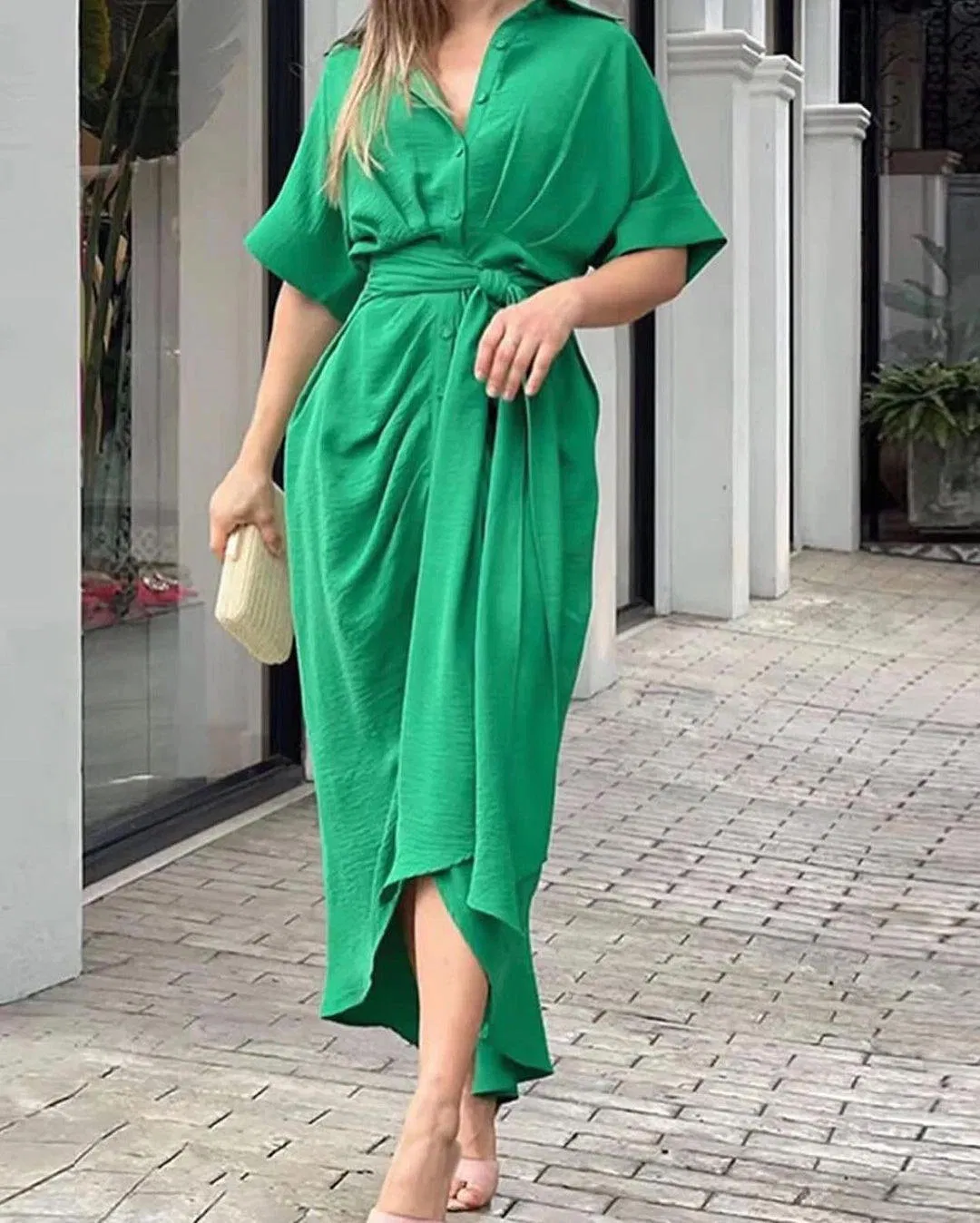 Blusa de longitud media de un solo botón, vestido corto de manga corta impresa para mujer
