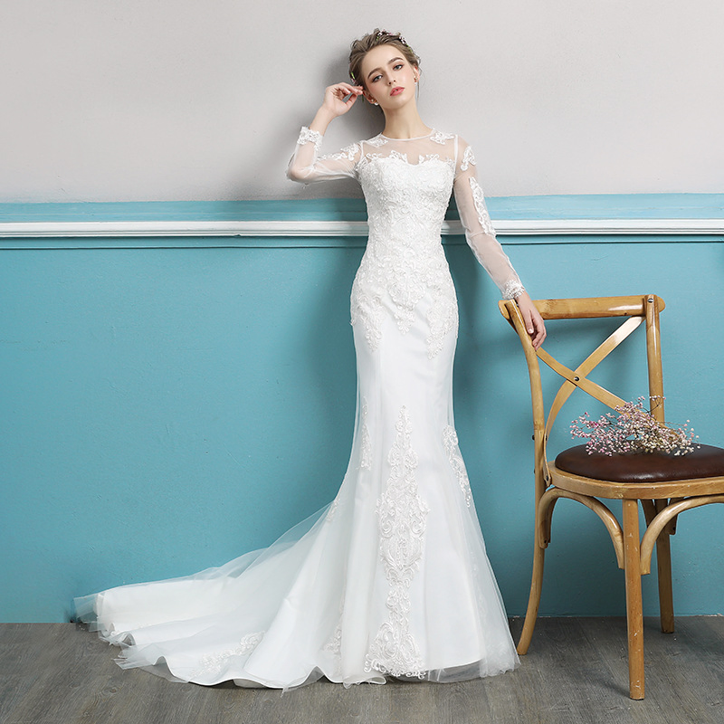 Vestido de novia de sirena con mangas largas de encaje, apliques de encaje y cuentas en color marfil