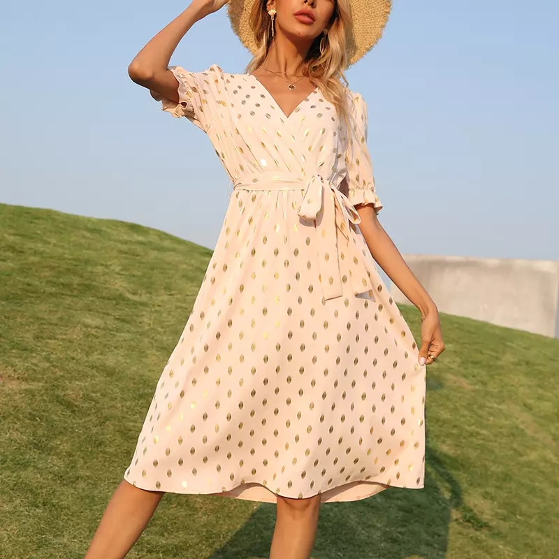 Vestido de oficina con estampado de puntos para mujer, de manga corta, escote en V, casual de verano