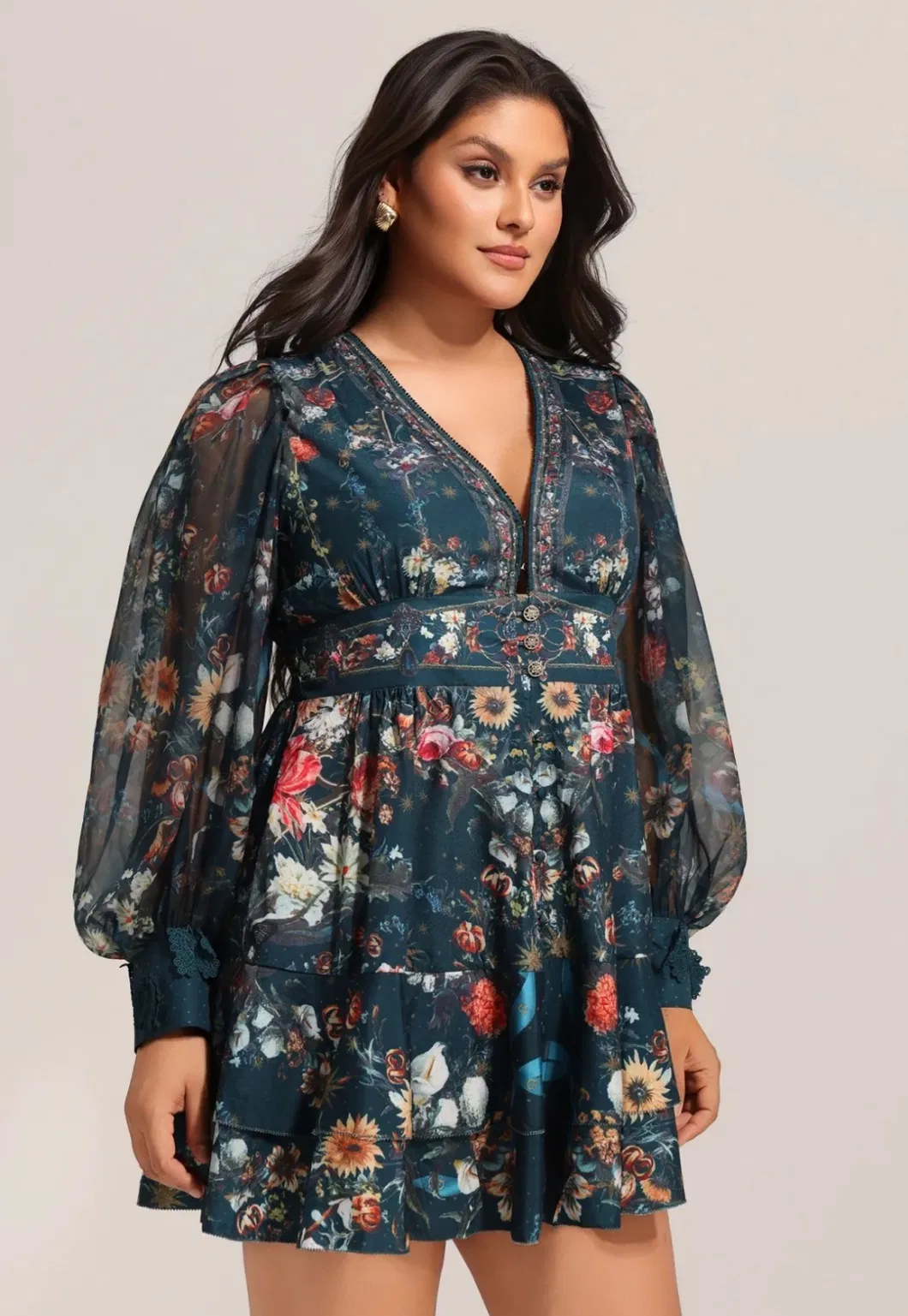 Impresión personalizada retro elegante vestido sexy de cuello en V, diseño lujoso hecho a medida, vestido de fiesta para mujer