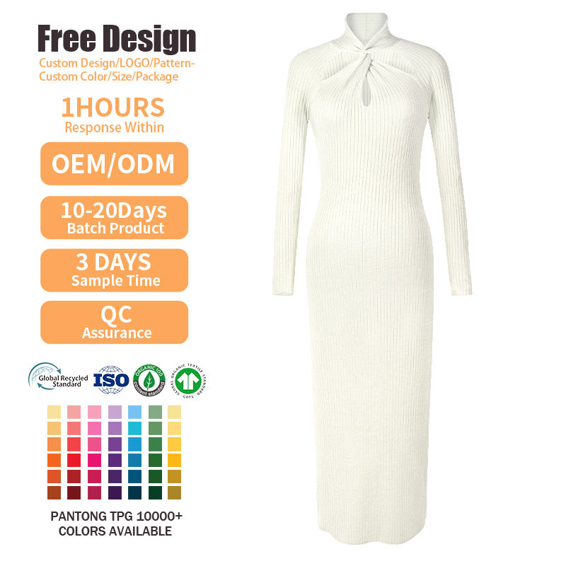 Vestido largo de punto azul claro de manga larga y cuello alto para mujeres elegantes, vestido ceñido de canalé para fiestas de cóctel