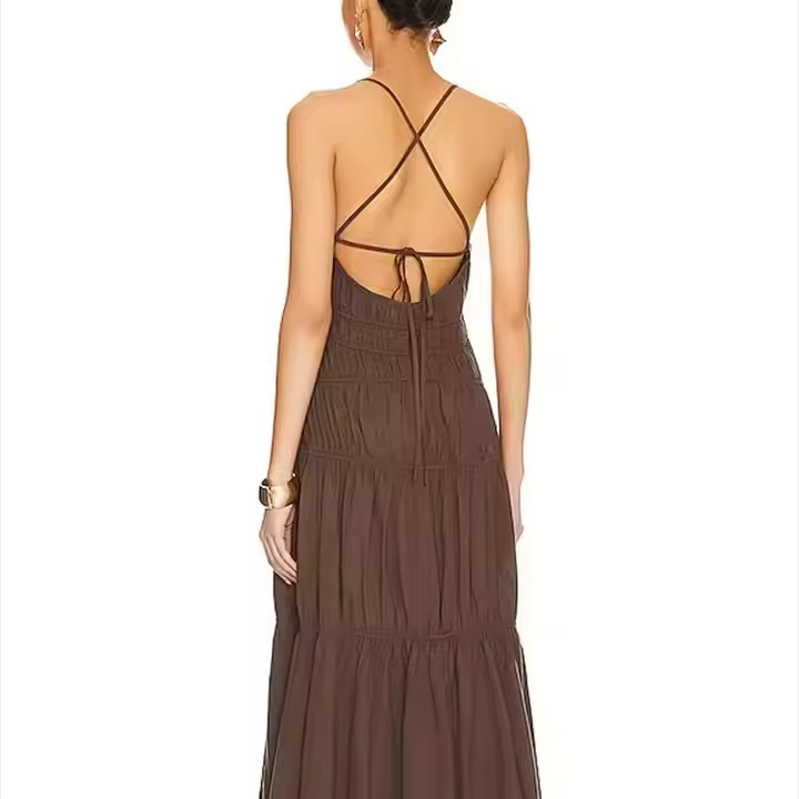 Fabricantes de ropa a medida vestido sin mangas de algodón con volantes en capas estilo bohemio, hueco, de noche, con cordones en la espalda, sin espalda, para mujeres, vestido en línea A