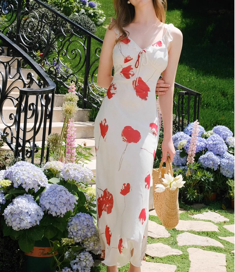 Vestido Maxi Casual de Cuello en V Estampado de Vacaciones Francesas para Mujer