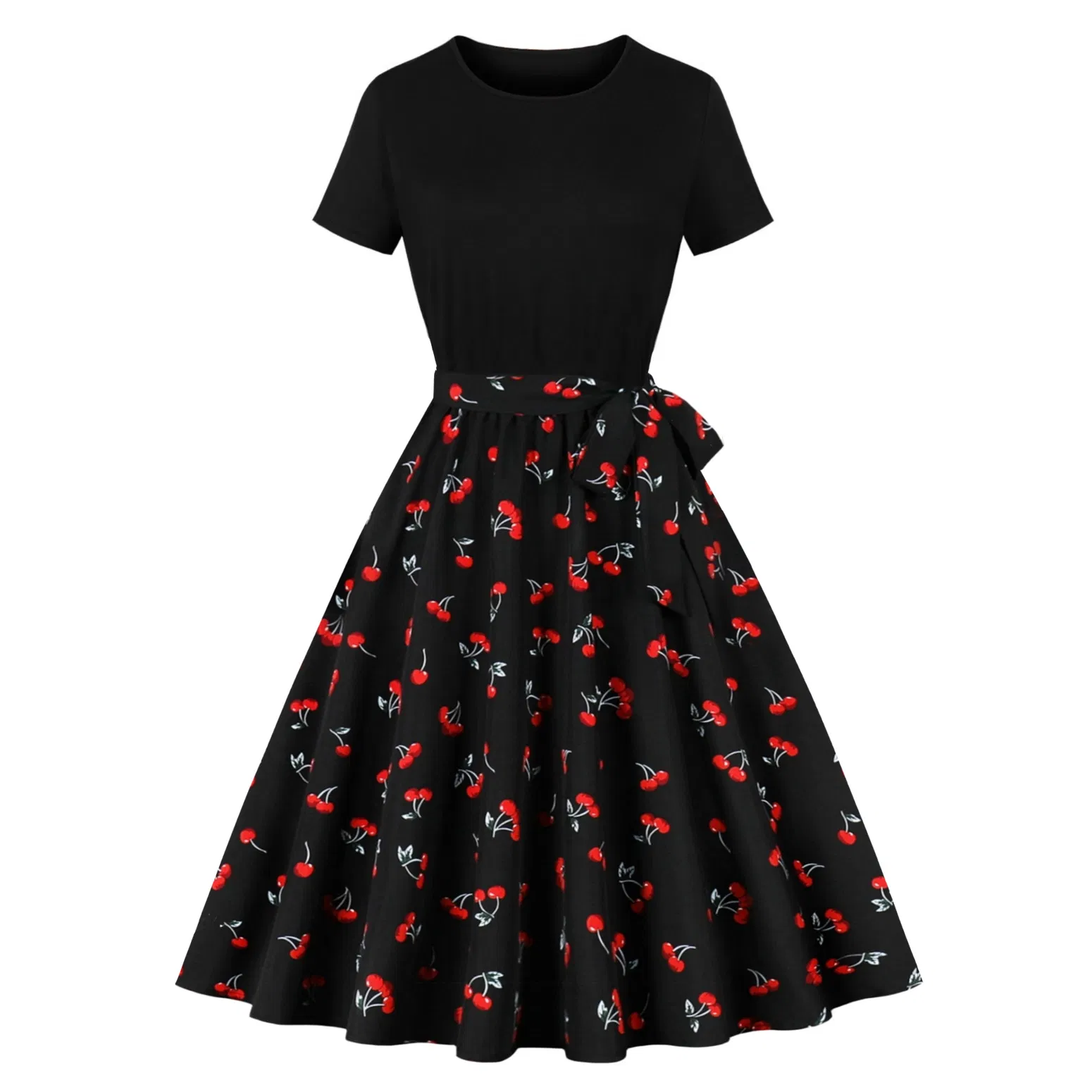 Vestido retro vintage para mujer, de manga corta, parte superior negra, cintura alta, estampado floral de lunares, vestido de cóctel en línea A, estilo rockabilly