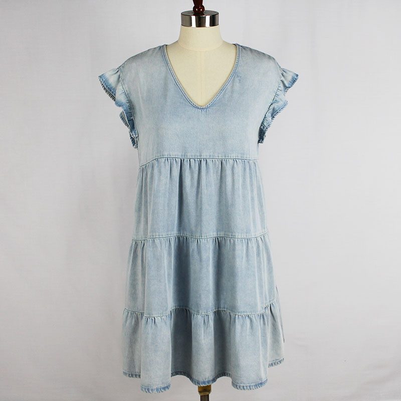 Vestido de tirantes sin mangas con volantes en V de algodón vaquero vintage de lavado ligero