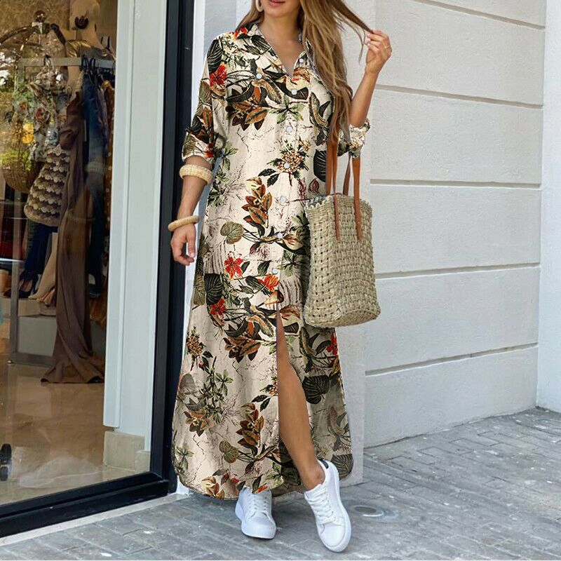 Vestido de camisa de mujer de manga larga casual con dobladillo irregular impreso
