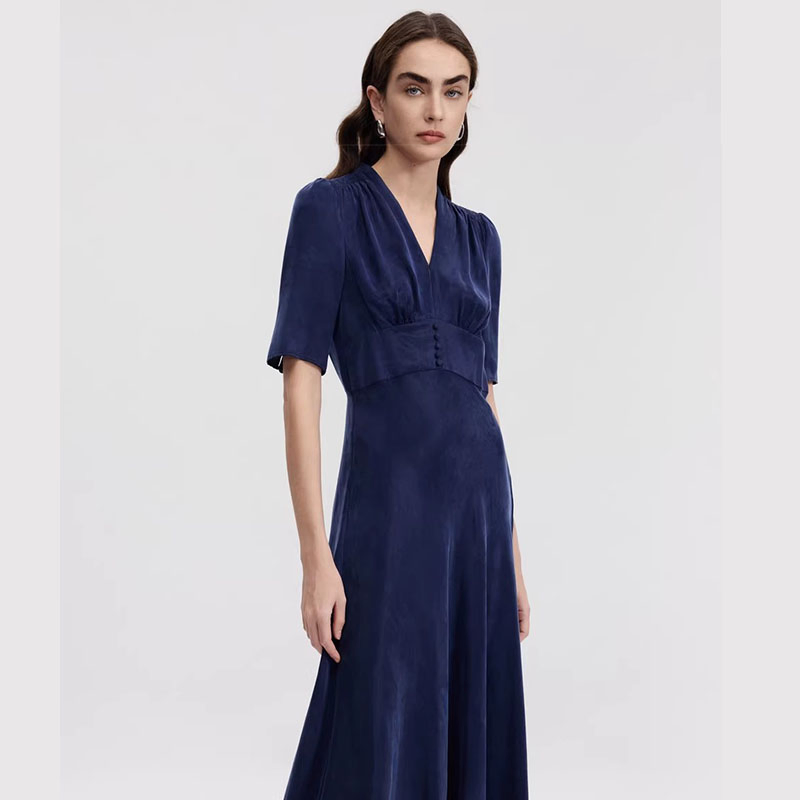 Vestido midi de terciopelo azul marino con cuello en V y mangas cortas para mujer