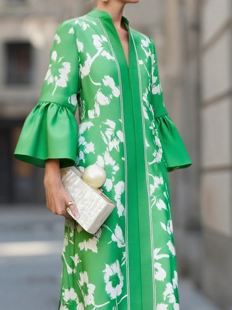 Vestido midi de estampado floral verde, con escote en V, mangas acampanadas, vestido A-line maxi para mujeres