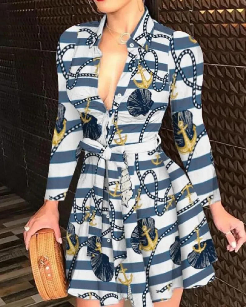 Vestido mini con cuello impreso para mujeres, vestido sexy con cinturón Esg16283