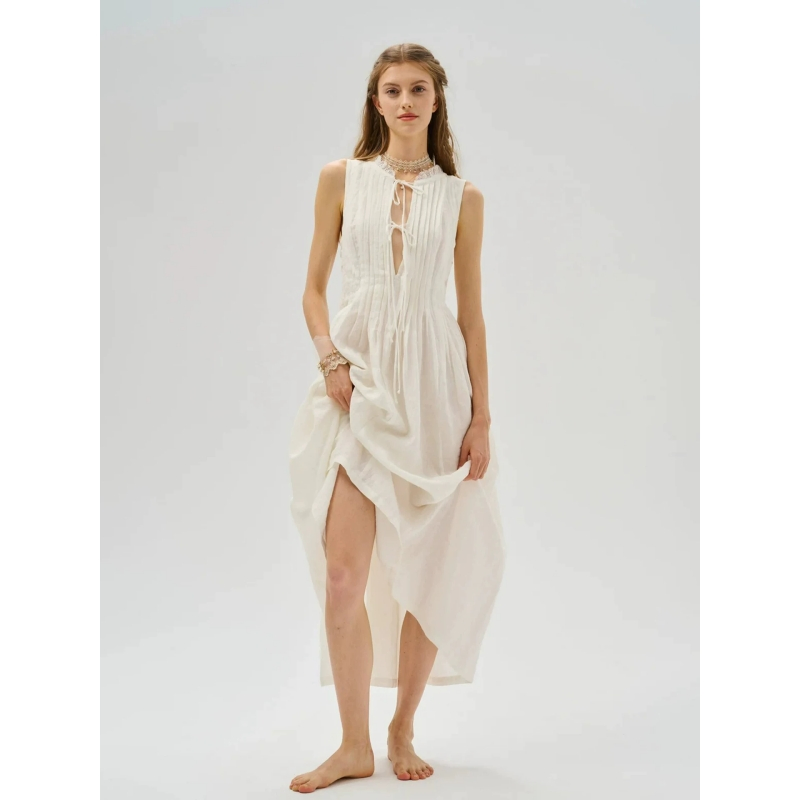 Vestido de mujer al por mayor, vestido de lino blanco personalizado, vestido de lujo de estilo casual, cintura ceñida, escote en V, vestido maxi con lazo para resort, suministro directo de exportación de prendas