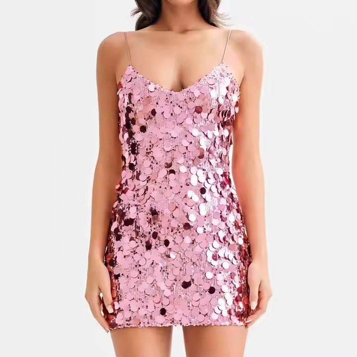 Vestidos de cóctel mini de lentejuelas brillantes para mujeres, vestido semi rosa para adolescentes, vestido sexy para fiesta nocturna