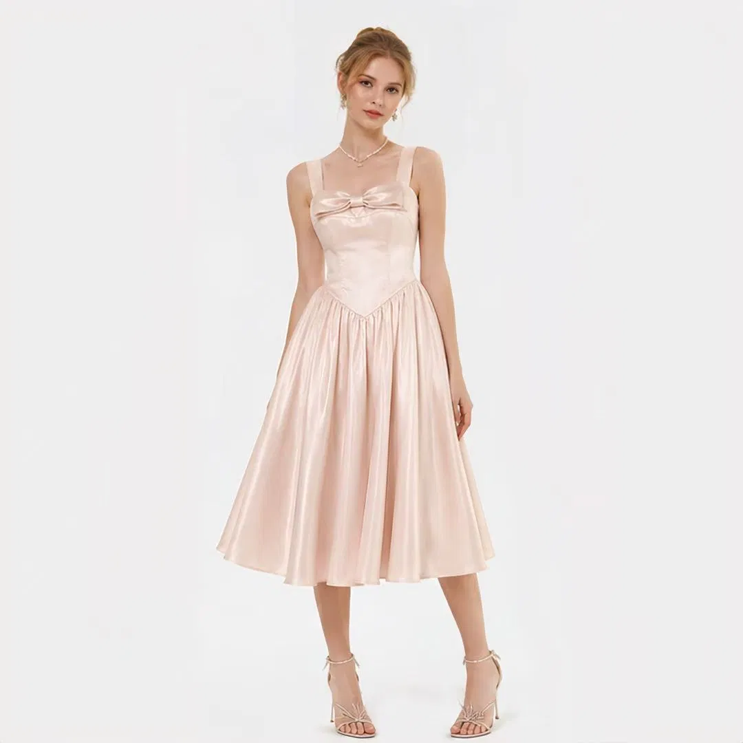 Vestido MIDI de satén rosa con lazo en la parte delantera, tirantes anchos, corte A, vestido de cóctel para mujeres
