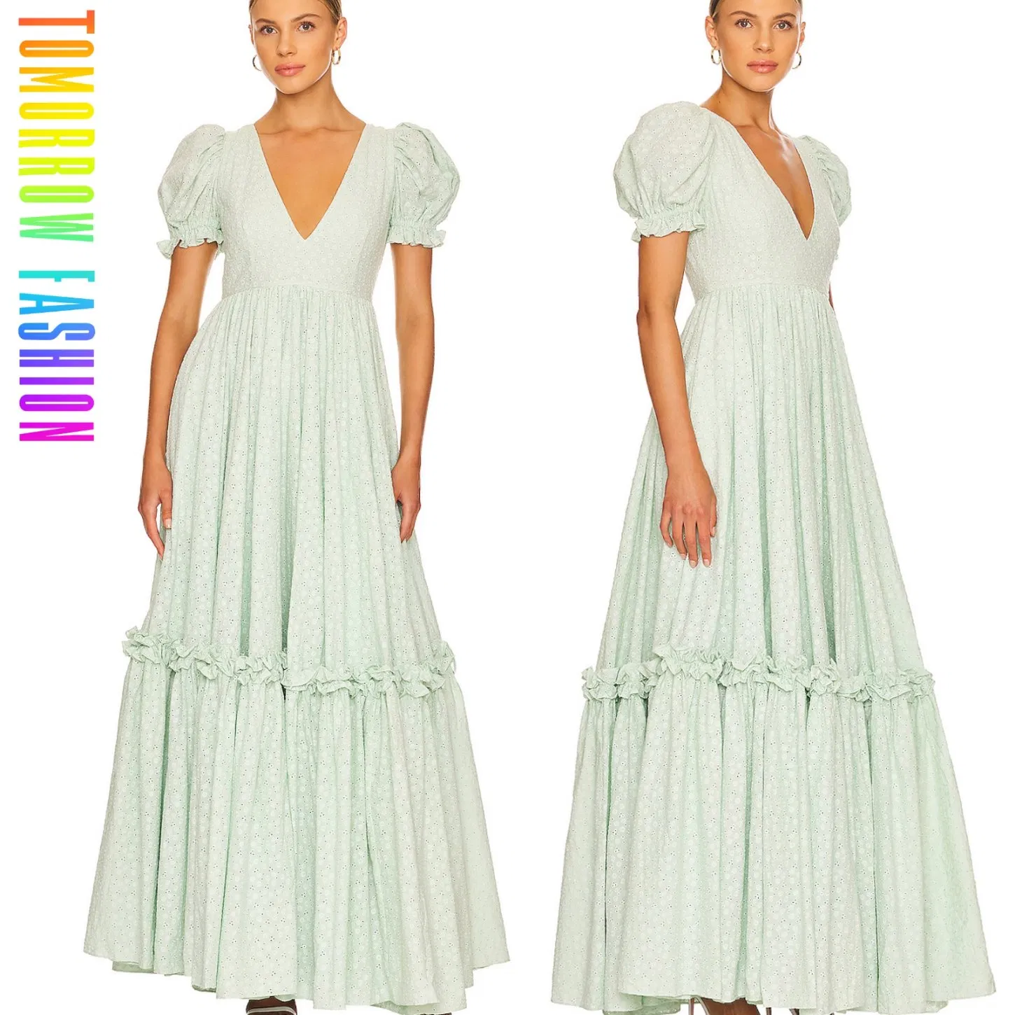 Vestido largo de boda personalizado de alta calidad, de verano, de moda, fabricación OEM, etiqueta privada, vestido maxi para mujeres con mangas abullonadas