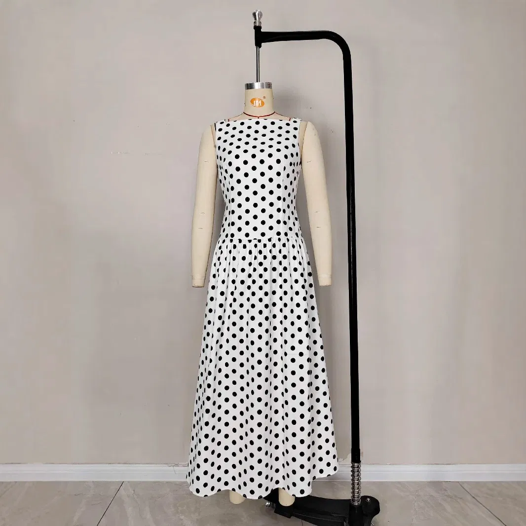 Vestido casual largo sin mangas de lunares personalizado y elegante para mujeres