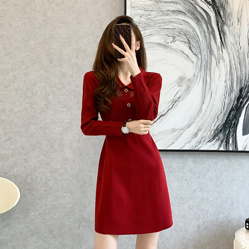 Vestido casual de línea A con cuello rojo para oficina para mujeres