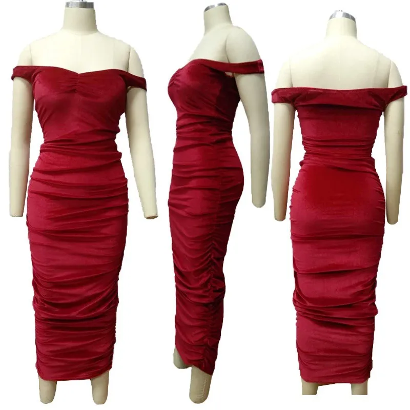 Vestido de noche elegante y sexy de tubo largo de terciopelo con fruncidos para mujeres