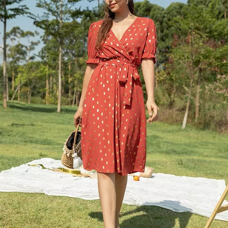 Vestido de oficina con estampado de puntos para mujer, de manga corta, escote en V, casual de verano