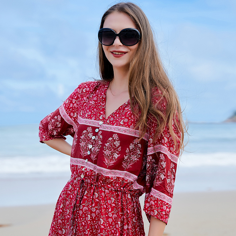 Vestido de vacaciones de playa con escote en V bohemio para mujeres de talla grande
