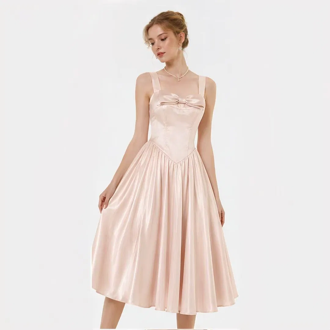 Vestido MIDI de satén rosa con lazo en la parte delantera, tirantes anchos, corte A, vestido de cóctel para mujeres