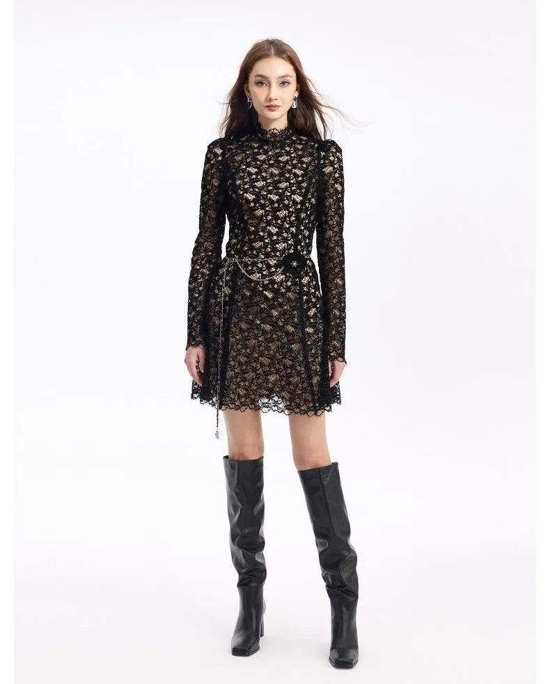 Vestido MIDI de lujo para mujeres al por mayor, personalizado, con encaje formal, mangas largas y diseño de cuello redondo alto