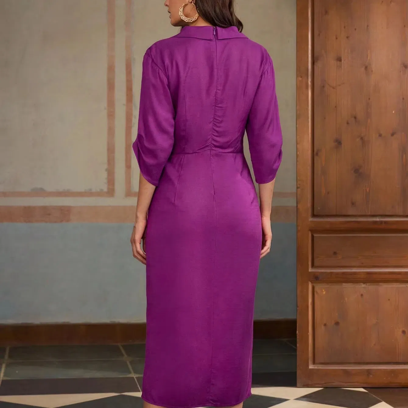 Vestidos casuales de venta caliente para mujeres, elegantes vestidos maxi de manga larga con cuello en V y plisados, vestidos de oficina para damas