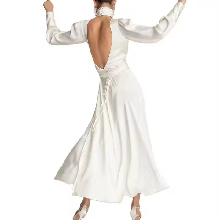 Vestido maxi de satén vintage personalizado para mujeres, elegante, con mangas abullonadas, espalda descubierta y detalle fruncido