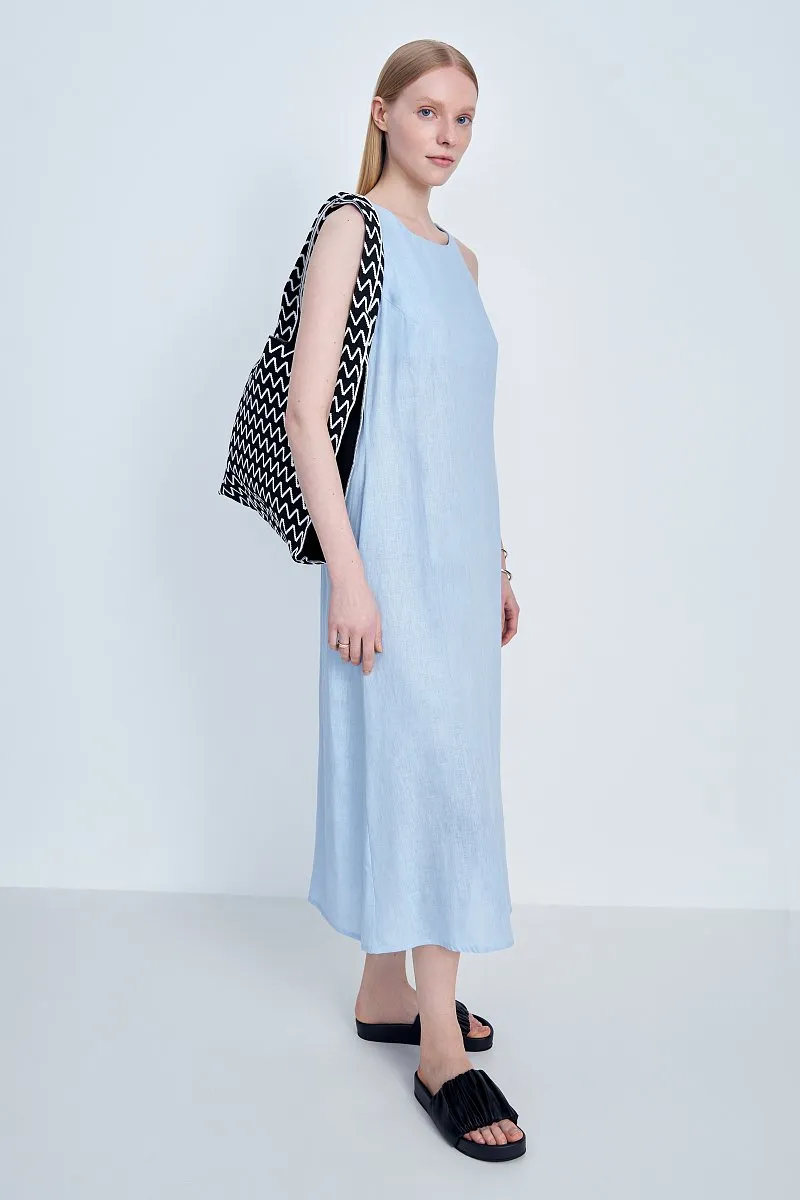 Vestido largo sin mangas de lino azul cielo para oficina de mujeres, con espalda descubierta