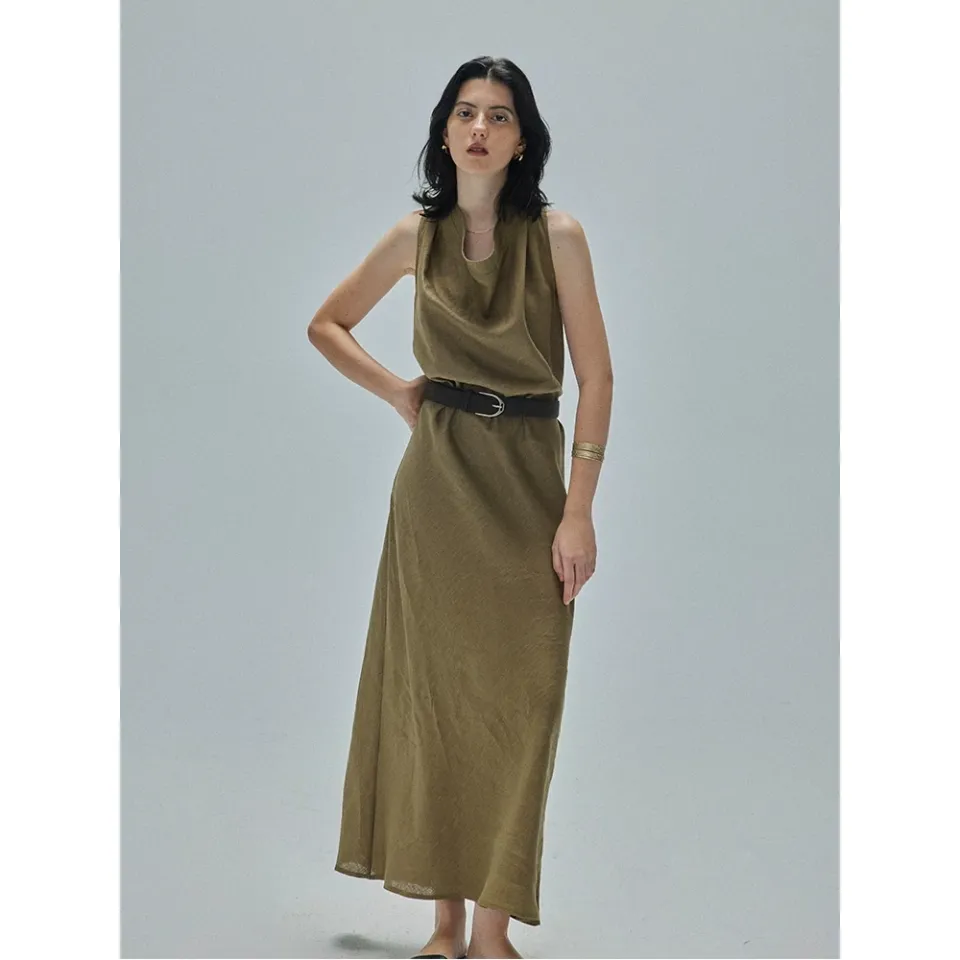 Vestido maxi sin mangas de lino de alta calidad para mujeres