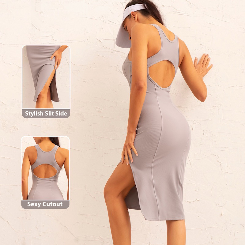 Vestido de tenis sin mangas esencial de verano al por mayor con sujetador incorporado, ropa deportiva sexy con espalda abierta personalizada para mujeres, vestidos de playa para hacer ejercicio