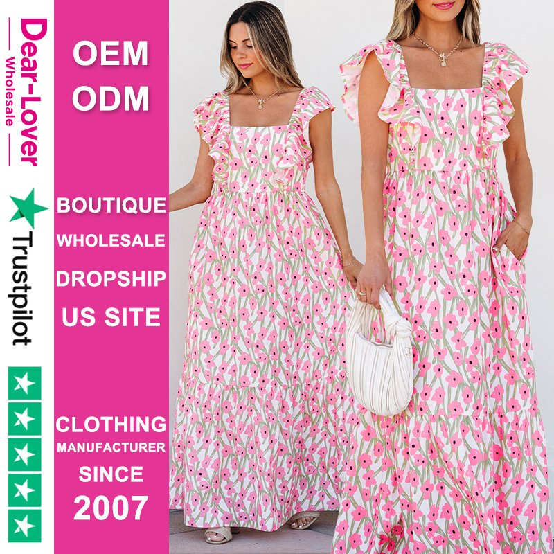 Querido Amor Boutique de Moda Mayorista Vestido Floral Boho de Mujer Cuello Cuadrado Tirantes Volantes Maxi Largo Verano Damas Vestido