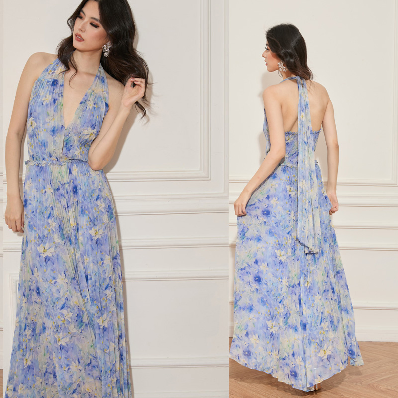 Vestidos de lujo personalizados para mujeres, elegante vestido de manga larga con estampado floral