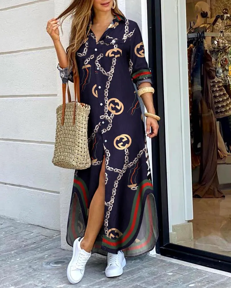 Vestido de camisa de mujer de manga larga casual con dobladillo irregular impreso