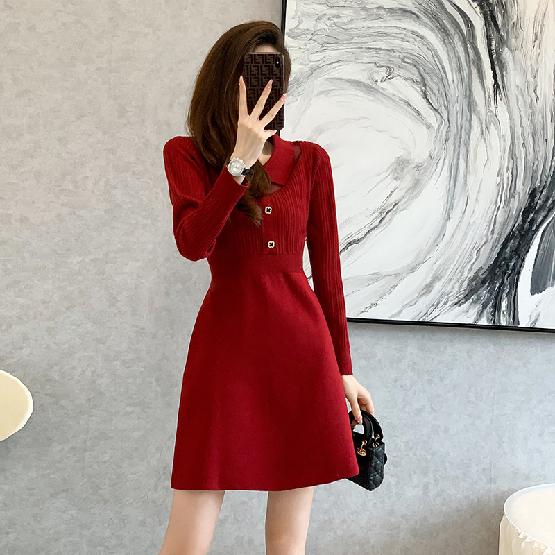 Vestido casual de línea A con cuello rojo para oficina para mujeres