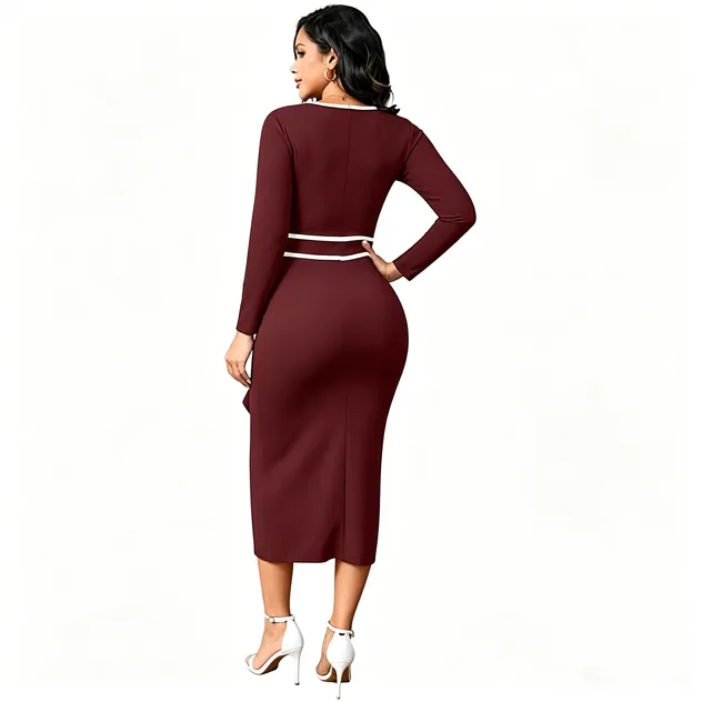 Vestido midi ajustado burdeos con ribete blanco, de manga larga, con escote en forma de llave, contraste en el dobladillo con volantes y abertura, elegante para fiestas y oficina