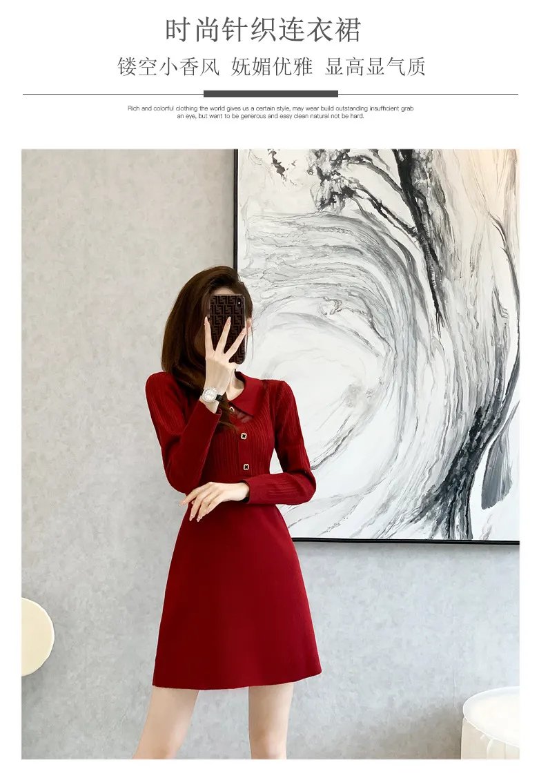 Vestido casual de línea A con cuello rojo para oficina para mujeres