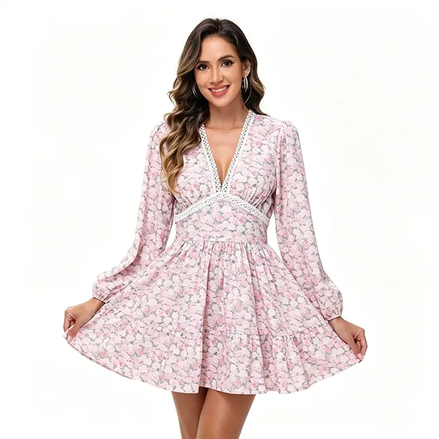 Vestido Mini de Estampado Floral para Mujeres con Escote en V, Detalle de Encaje, Manga Larga Abullonada, Vestido Corto con Volantes en Capas, Casual de Verano, Vacaciones, Playa